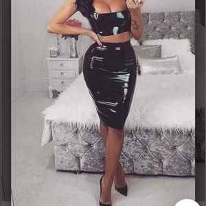 Meshki Harper Latex PVC Pencil Midi Skirt